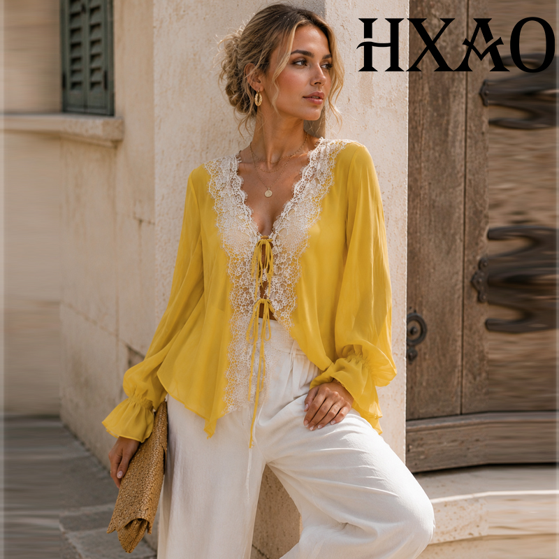 Sewing V - HXAO Blusa feminina de chiffon amarela